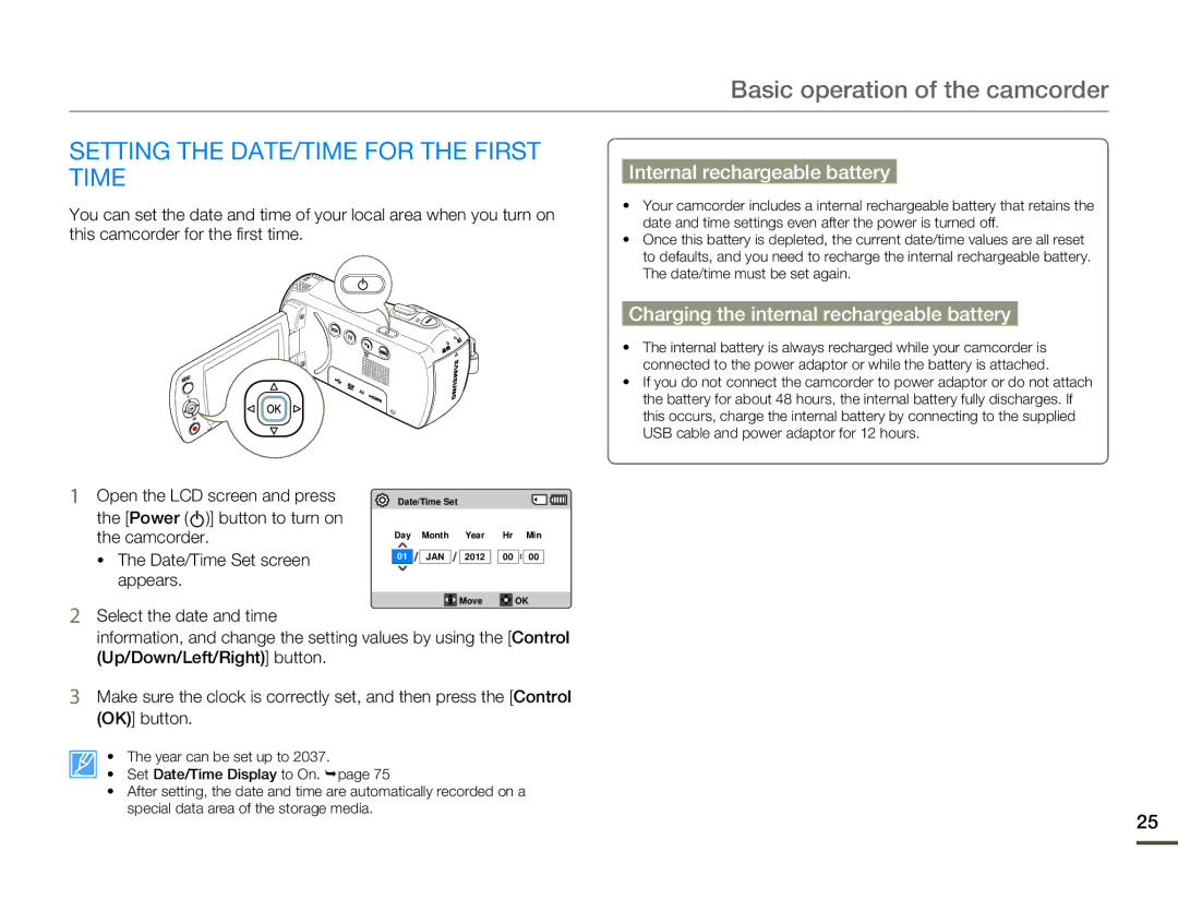 Samsung HMX-F80 Basic operation of the camcorder, Setting the DATE/TIME for the First Time, Internal rechargeable battery 