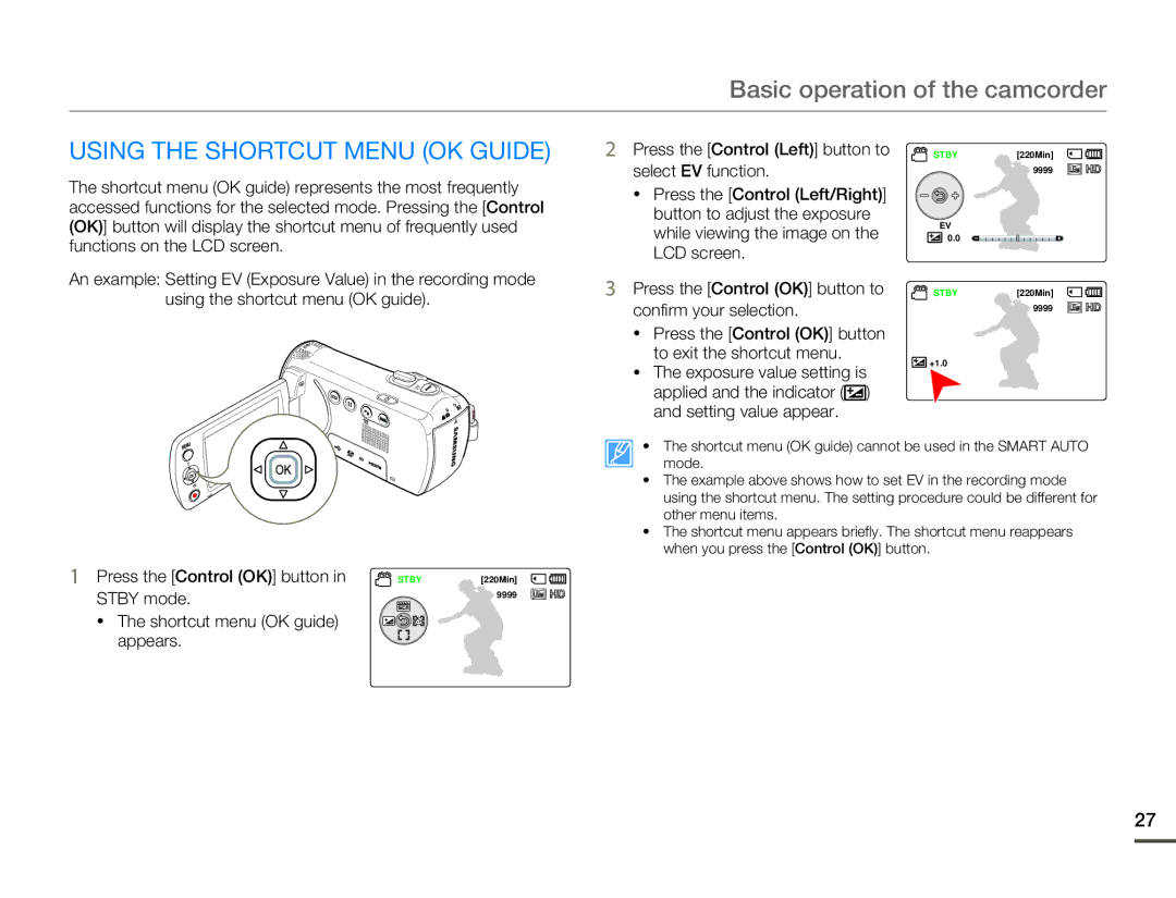 Samsung HMX-F80 Using the Shortcut Menu OK Guide, Exposure value setting is, Press the Control OK button in STBY220Min 