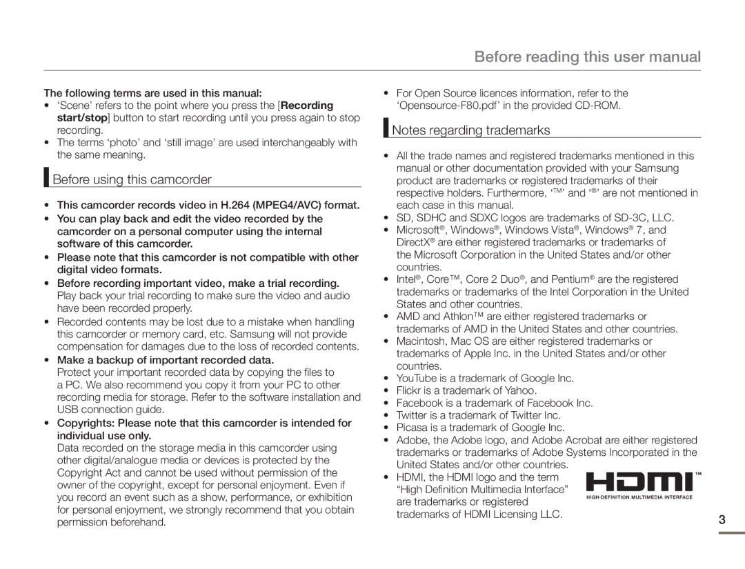 Samsung HMX-F80 user manual Before using this camcorder 