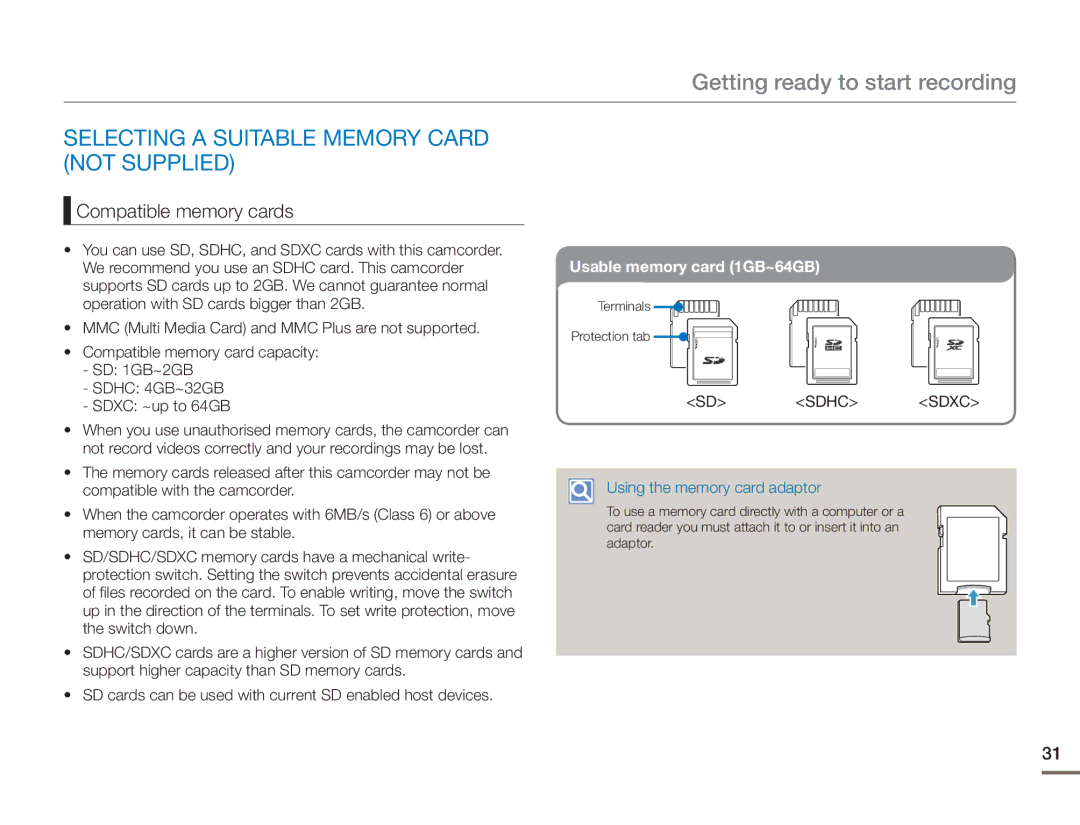 Samsung HMX-F80 Getting ready to start recording, Selecting a Suitable Memory Card not Supplied, Compatible memory cards 