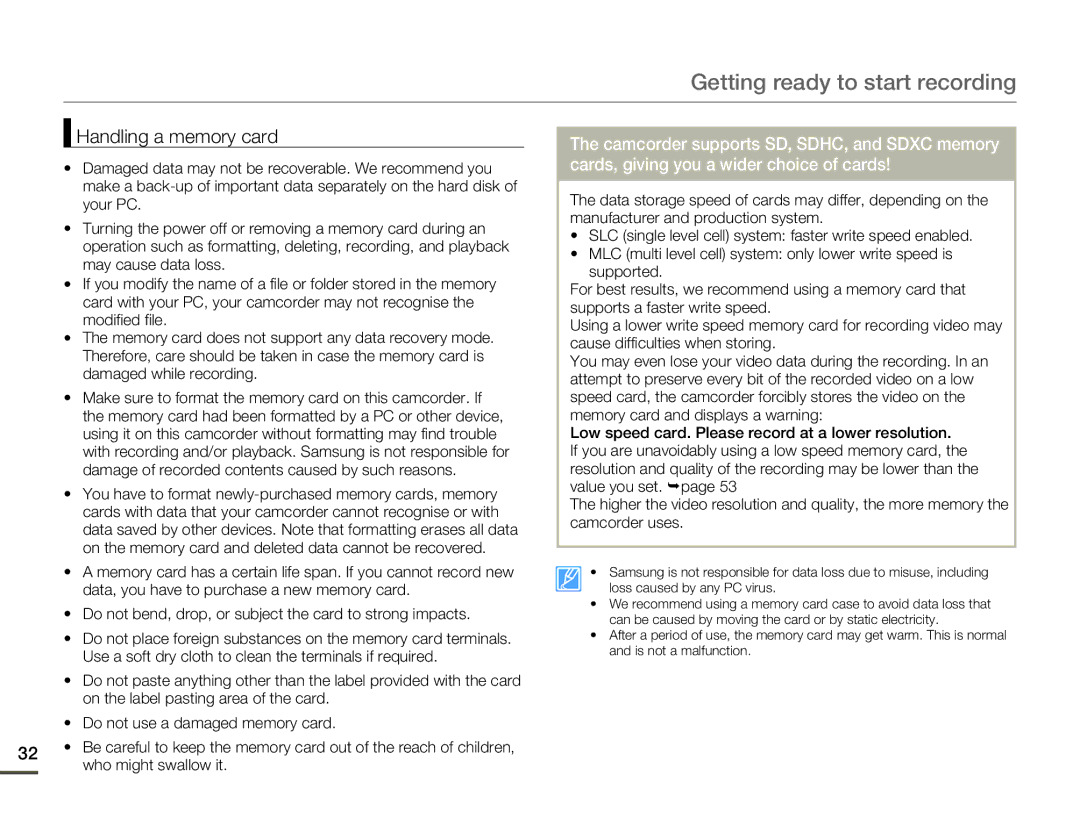 Samsung HMX-F80 user manual Handling a memory card 