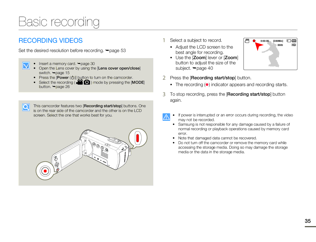 Samsung HMX-F80 user manual Basic recording, Recording Videos, Set the desired resolution before recording. ¬page 