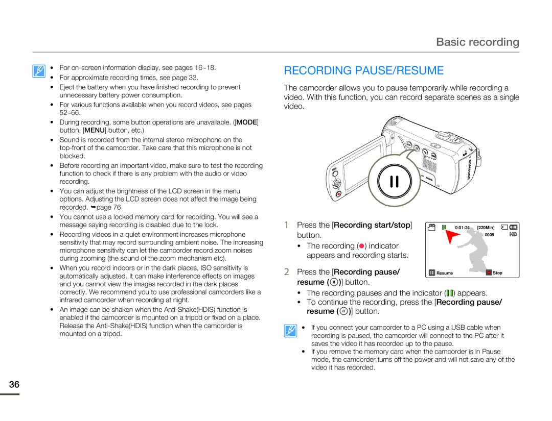 Samsung HMX-F80 Basic recording, Recording PAUSE/RESUME, Press the Recording start/stop, Button, Press the Recording pause 