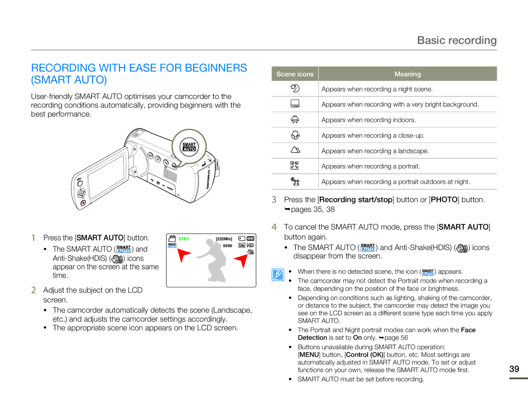 Samsung HMX-F80 user manual Recording with Ease for Beginners Smart Auto, Press the Smart Auto button, Anti-ShakeHDIS 