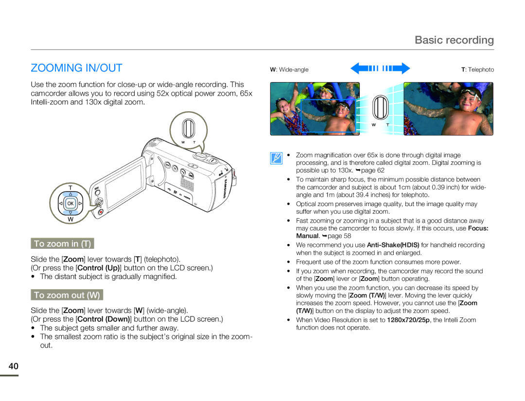 Samsung HMX-F80 user manual Zooming IN/OUT, To zoom in T, To zoom out W 