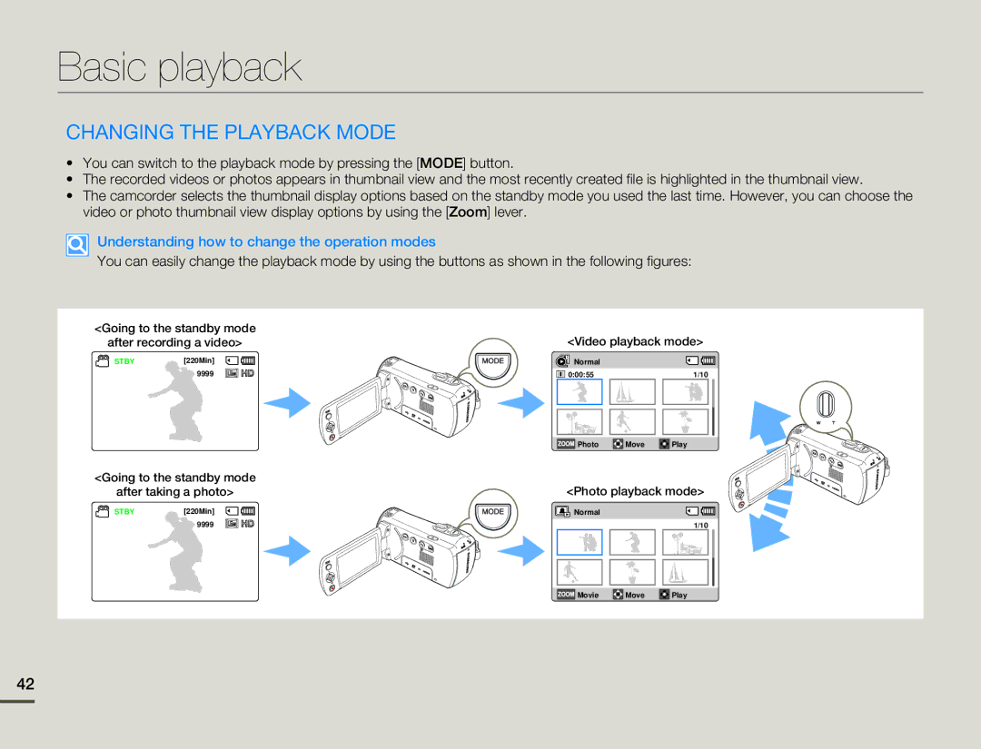 Samsung HMX-F80 user manual Basic playback, Changing the Playback Mode, Understanding how to change the operation modes 