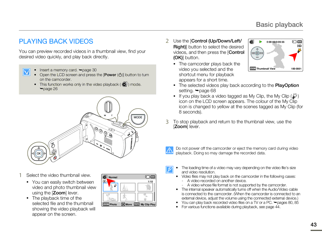 Samsung HMX-F80 user manual Basic playback, Playing Back Videos 