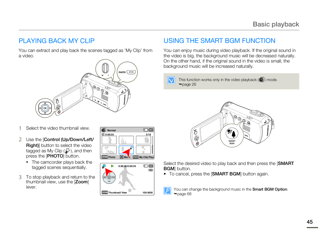 Samsung HMX-F80 user manual Playing Back MY Clip, Using the Smart BGM Function 