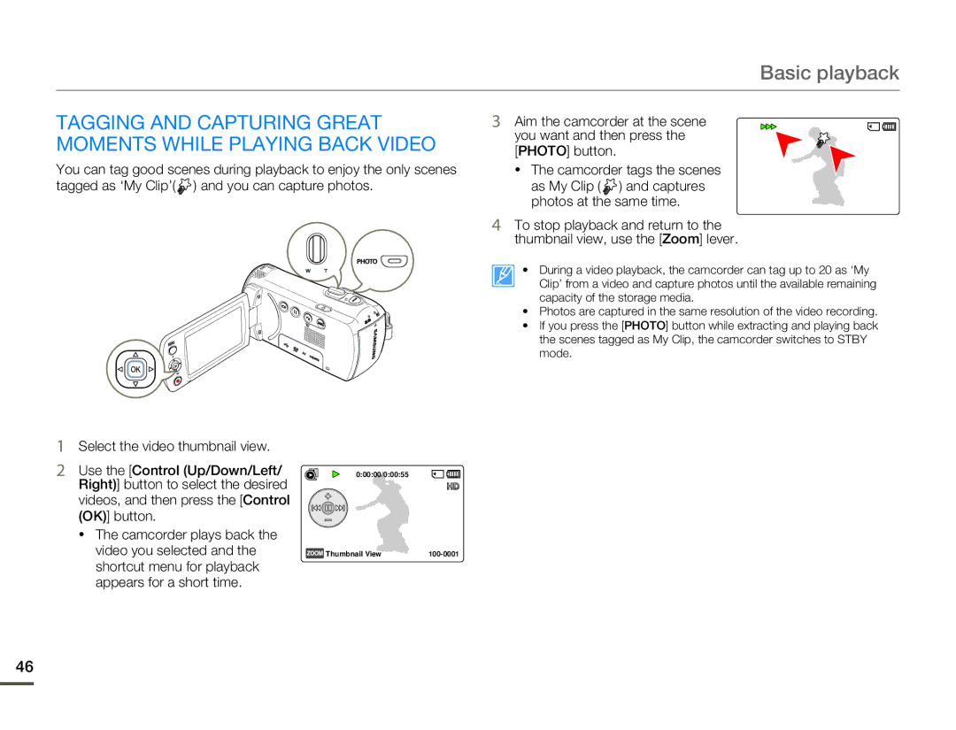 Samsung HMX-F80 user manual Tagging and Capturing Great Moments While Playing Back Video 