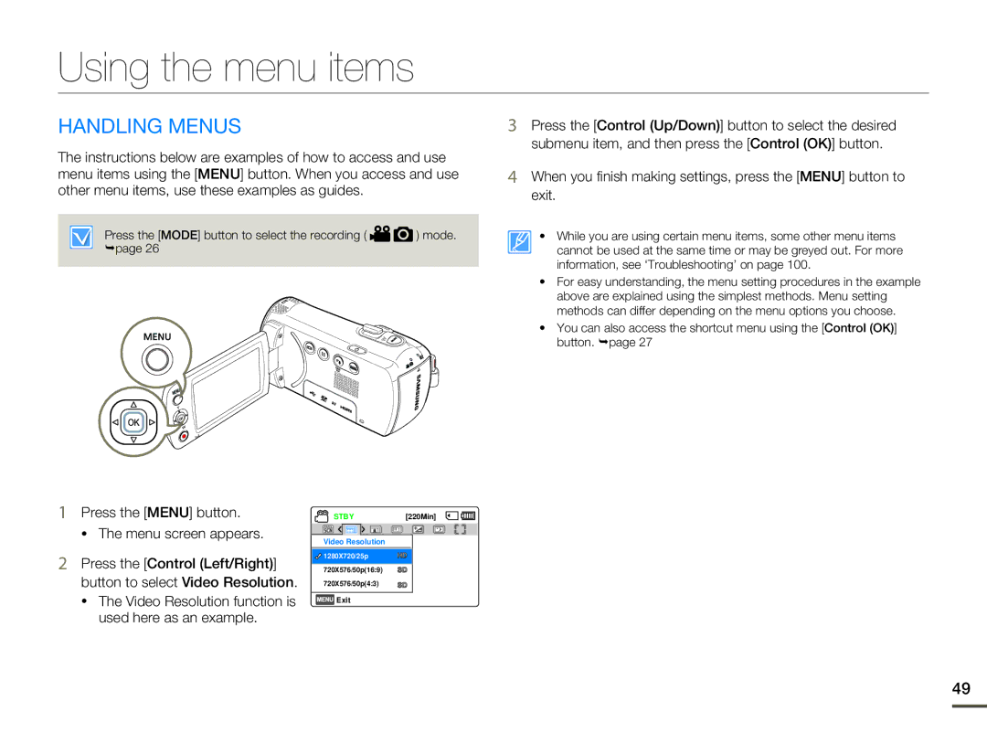 Samsung HMX-F80 user manual Using the menu items, Handling Menus 