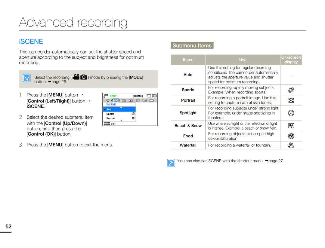 Samsung HMX-F80 user manual Advanced recording, Iscene, Press the Menu button to exit the menu, Items Use On-screen Display 