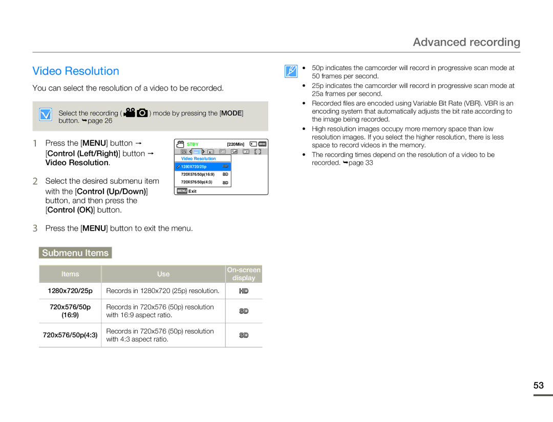 Samsung HMX-F80 user manual Advanced recording, Video Resolution, You can select the resolution of a video to be recorded 