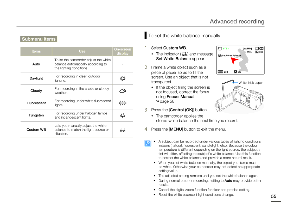 Samsung HMX-F80 To set the white balance manually, Select Custom WB, Piece of paper so as to fill, Items Use Display 