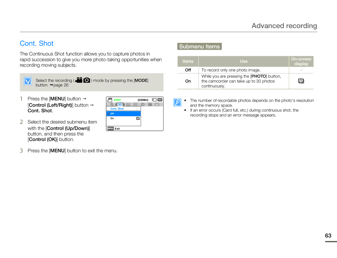 Samsung HMX-F80 user manual Cont. Shot, Items Use On-screen Display 