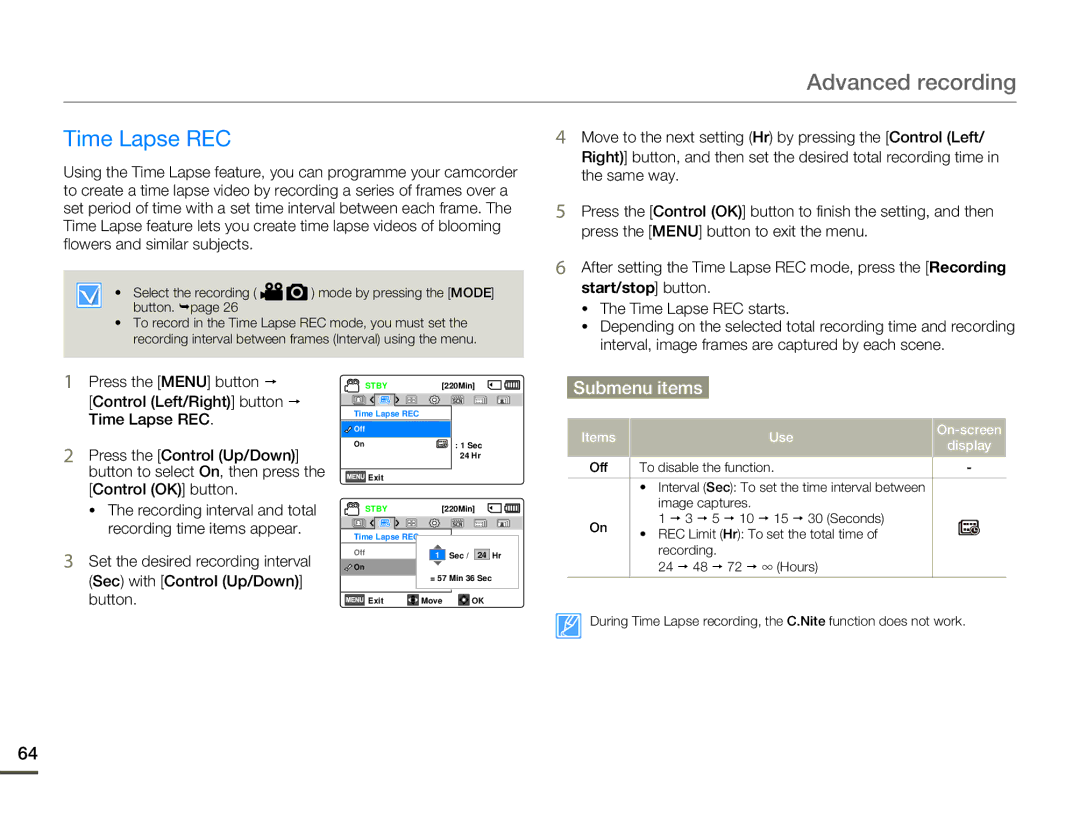 Samsung HMX-F80 user manual Time Lapse REC starts 