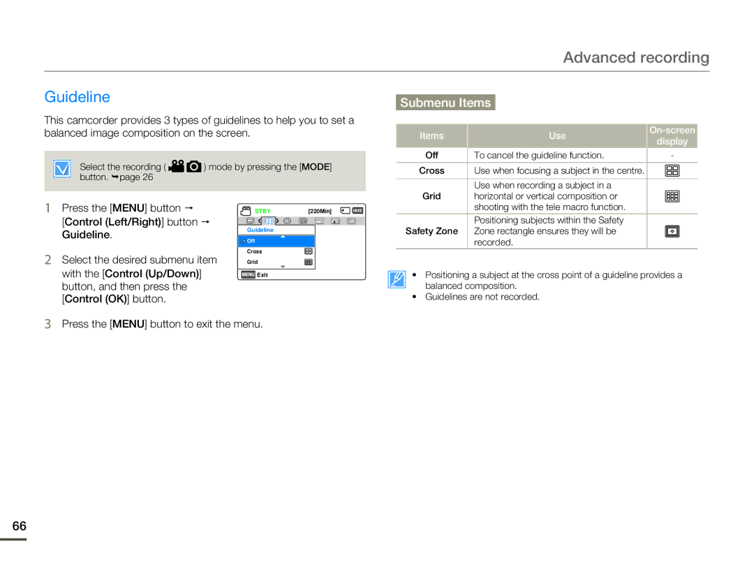 Samsung HMX-F80 user manual Guideline, Press the Menu button to exit the menu 