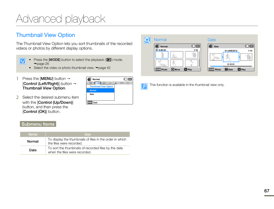 Samsung HMX-F80 user manual Advanced playback, Thumbnail View Option 