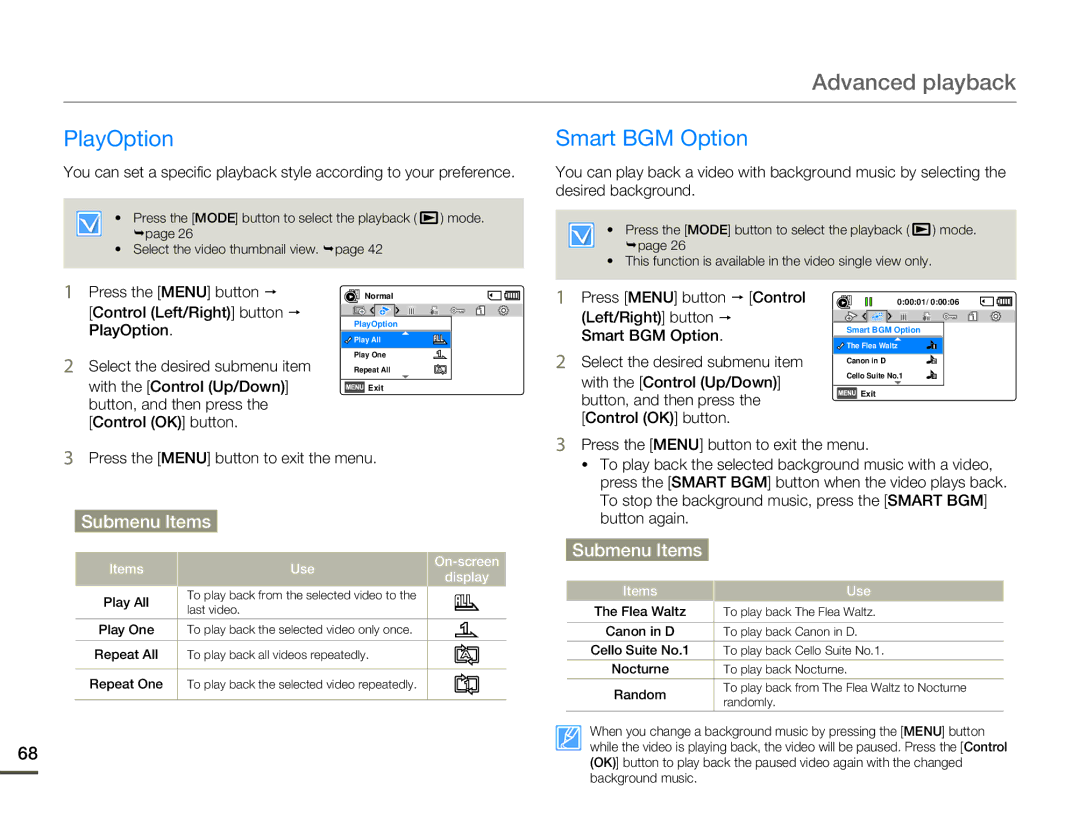 Samsung HMX-F80 user manual Advanced playback, PlayOption, Smart BGM Option 