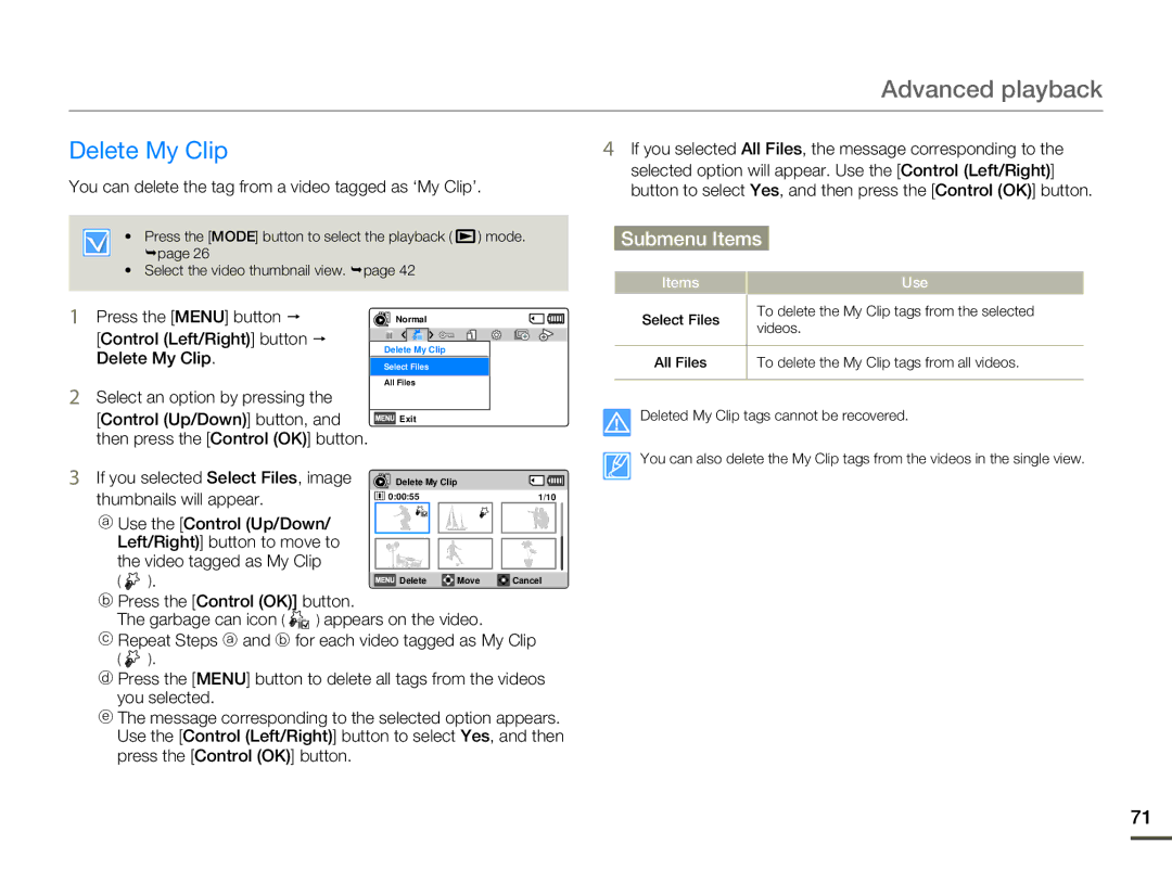 Samsung HMX-F80 user manual Delete My Clip, You can delete the tag from a video tagged as ‘My Clip’ 