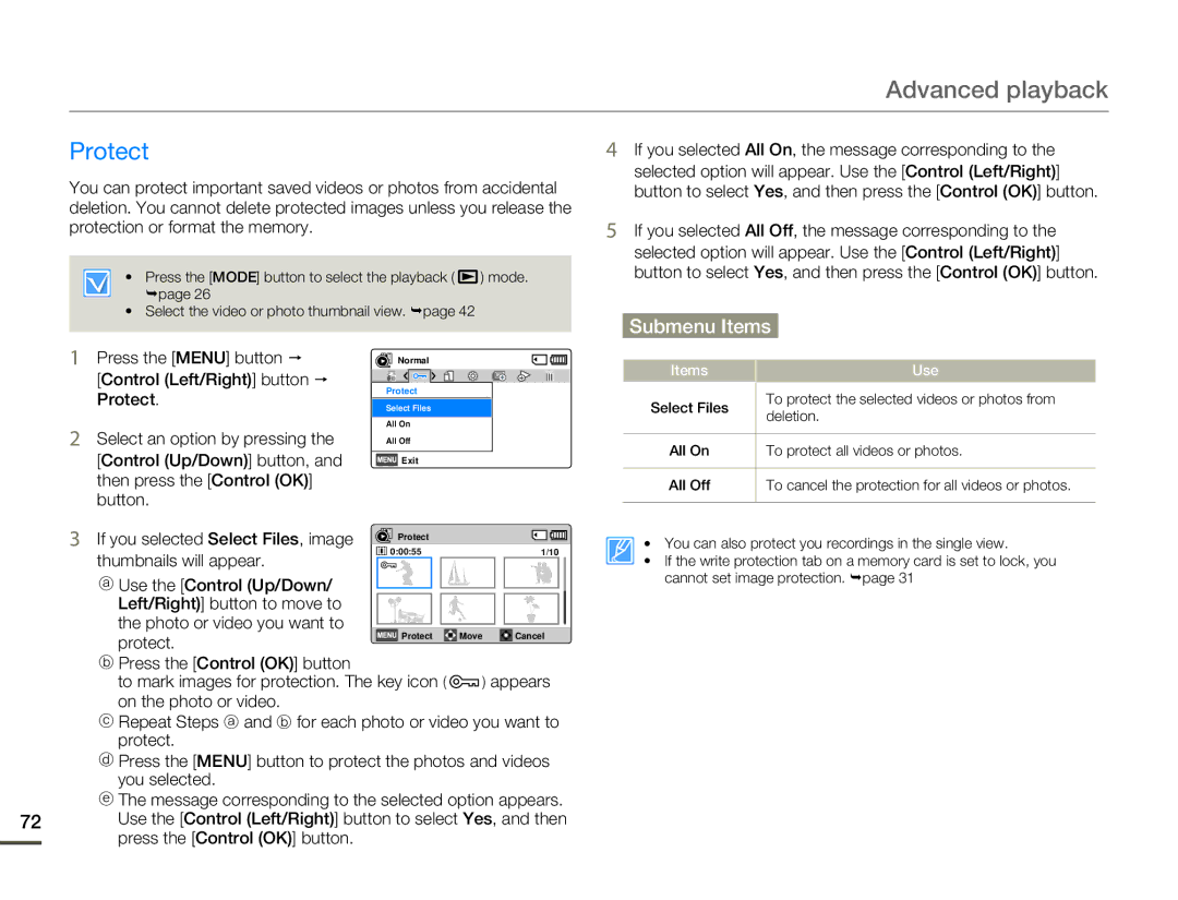 Samsung HMX-F80 user manual Protect, If you selected Select Files, image, Thumbnails will appear 