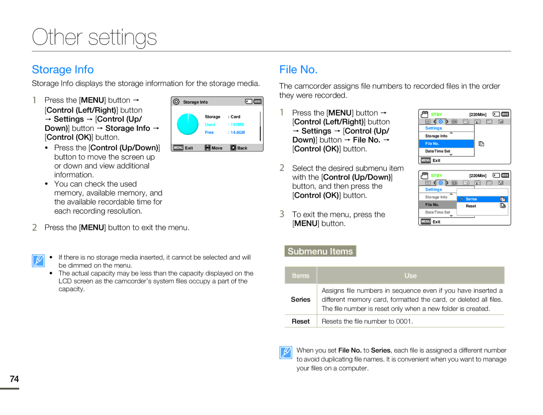 Samsung HMX-F80 user manual Other settings, Storage Info, File No 