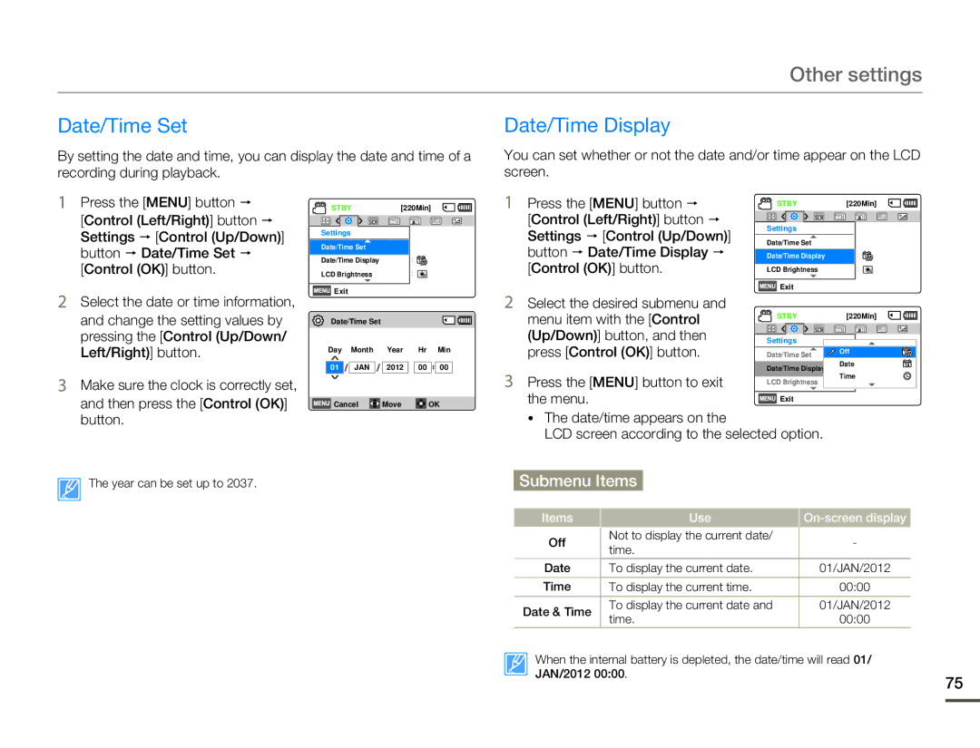 Samsung HMX-F80 user manual Other settings, Date/Time Set, Date/Time Display 