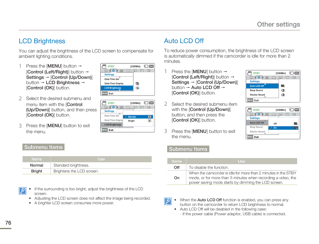 Samsung HMX-F80 user manual LCD Brightness, Auto LCD Off 