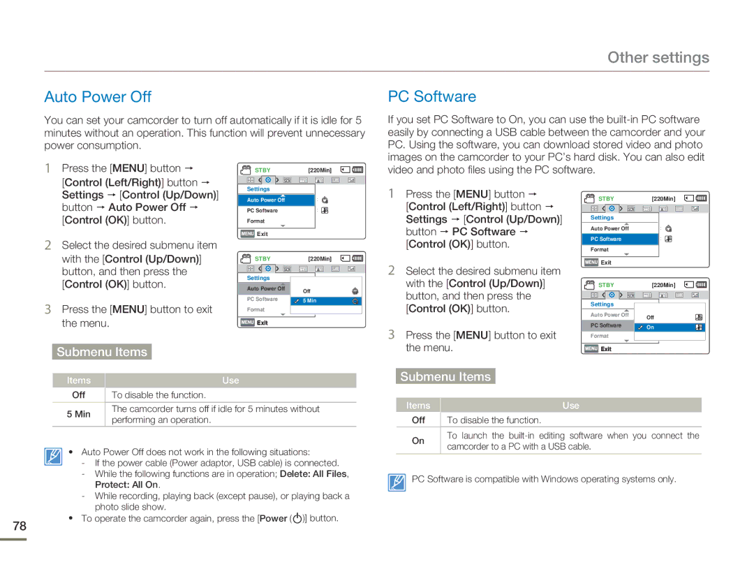 Samsung HMX-F80 Auto Power Off PC Software, Video and photo files using the PC software, Button p Auto Power Off p 