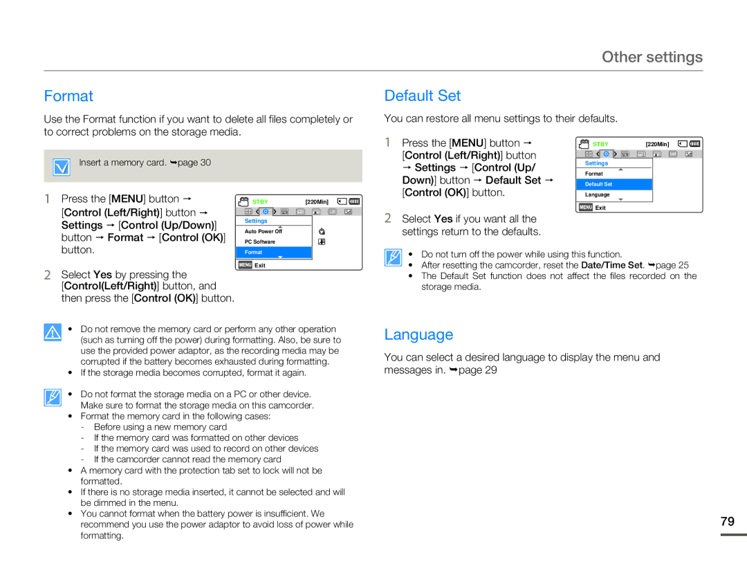 Samsung HMX-F80 user manual Default Set, Language, Button.Format 