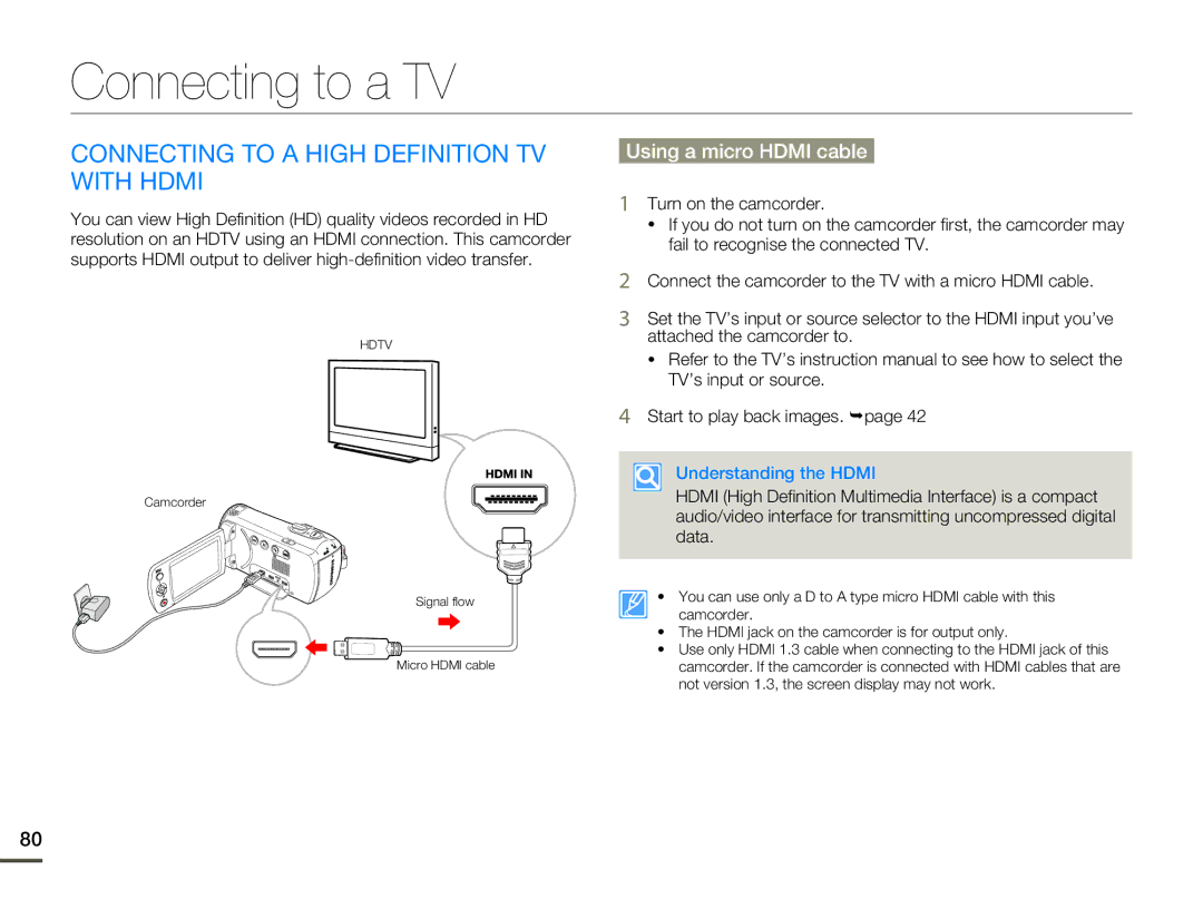 Samsung HMX-F80 user manual Connecting to a TV, Connecting to a High Definition TV with Hdmi, Using a micro Hdmi cable 