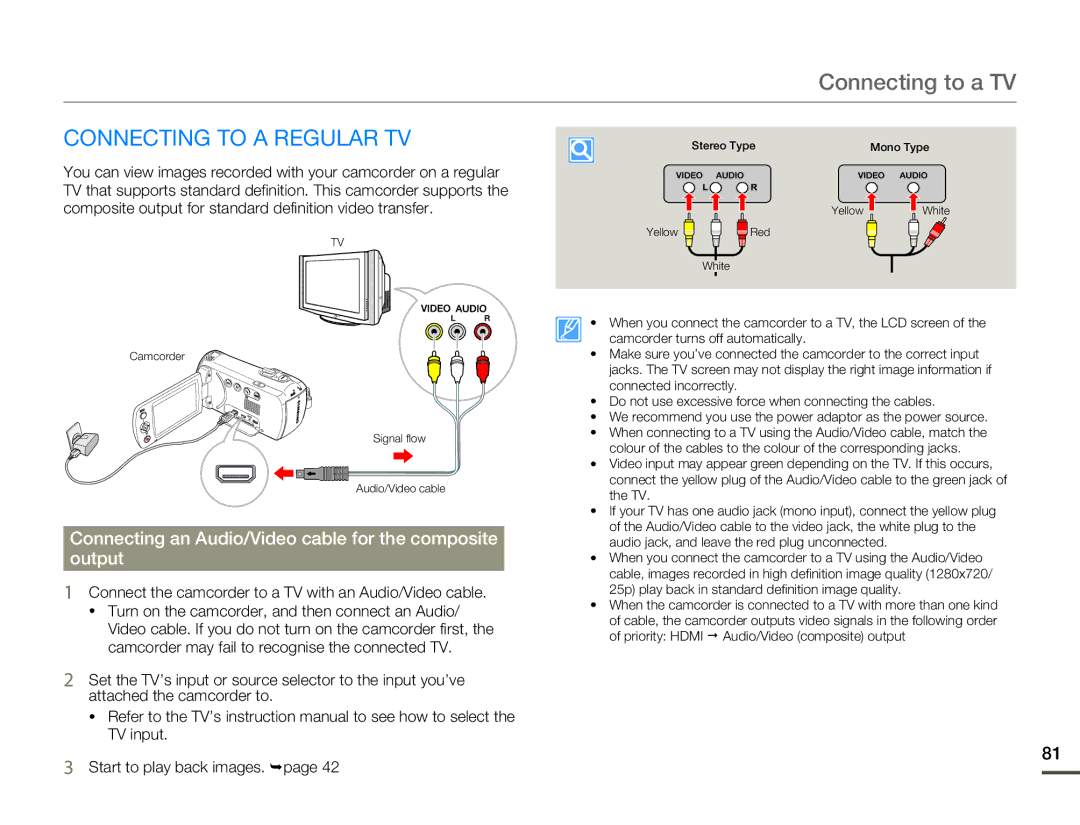 Samsung HMX-F80 Connecting to a TV, Connecting to a Regular TV, Connecting an Audio/Video cable for the composite Output 