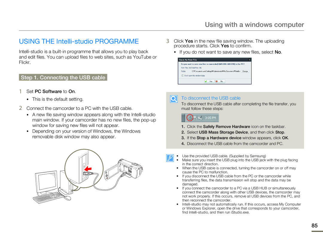 Samsung HMX-F80 user manual Using with a windows computer, Using the Intelli-studio Programme, Connecting the USB cable 