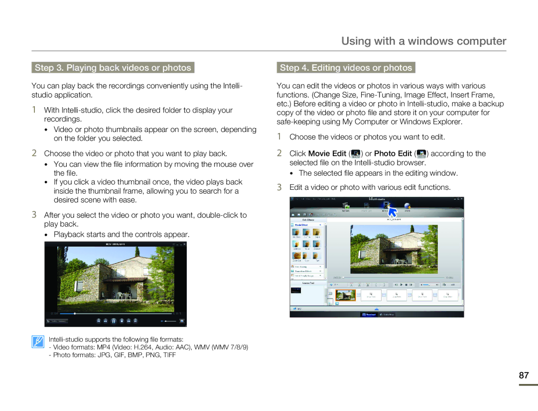 Samsung HMX-F80 user manual Playing back videos or photos, Editing videos or photos 