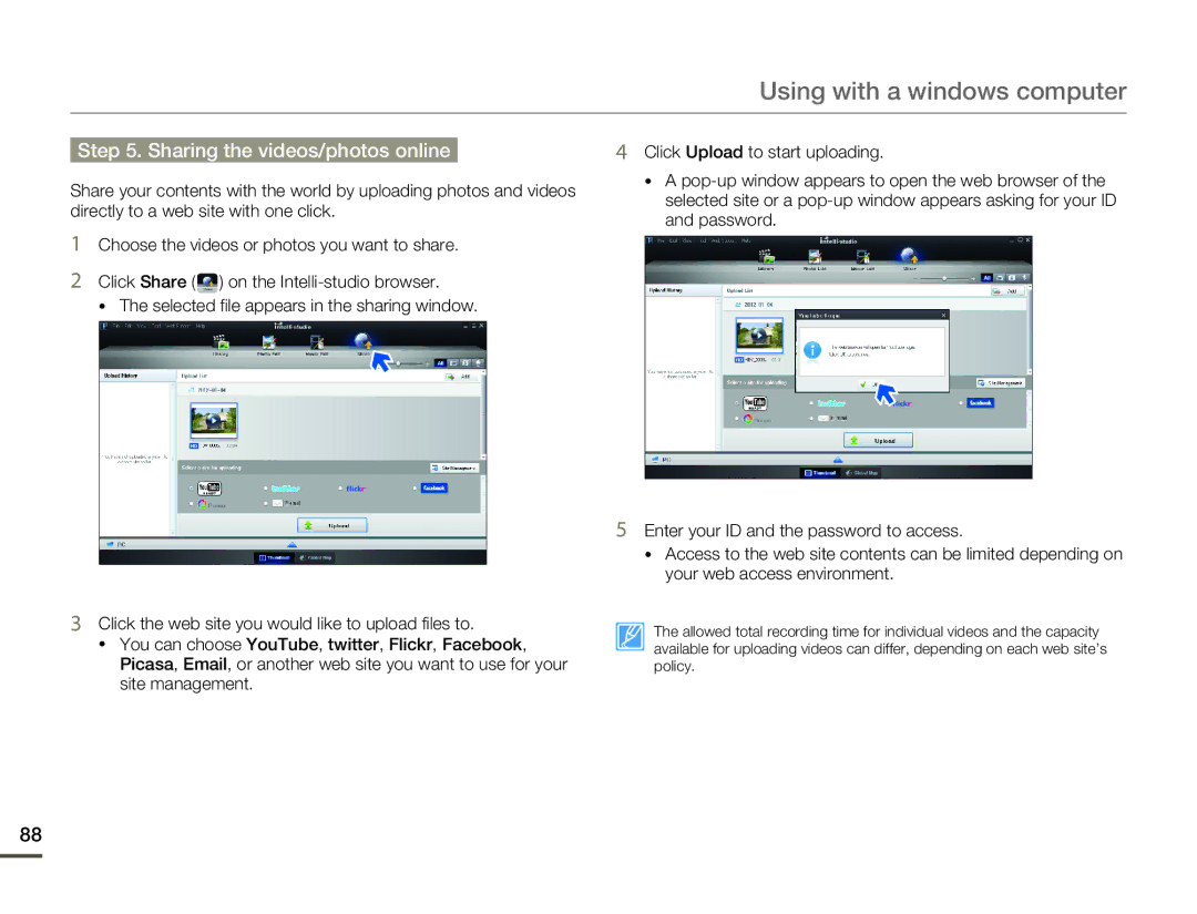 Samsung HMX-F80 user manual Sharing the videos/photos online 