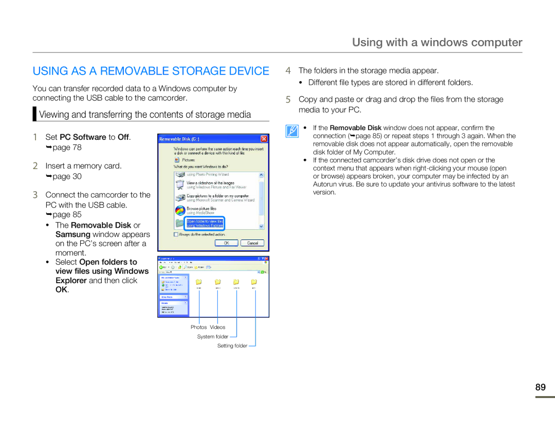 Samsung HMX-F80 user manual Using AS a Removable Storage Device, Viewing and transferring the contents of storage media 