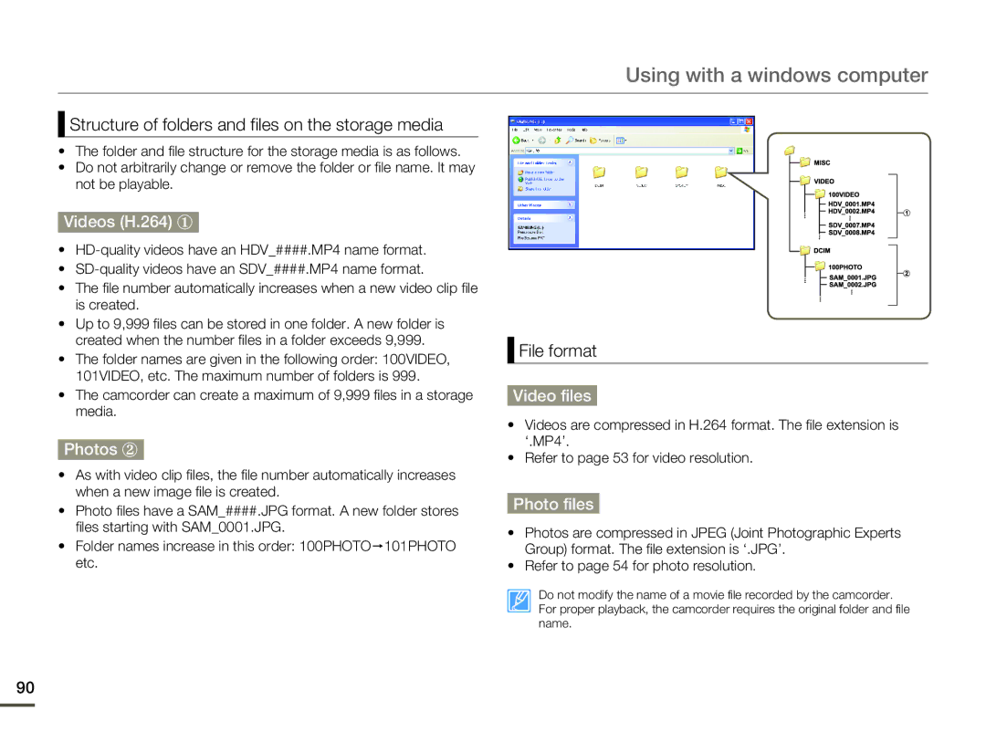 Samsung HMX-F80 user manual Videos H.264 y, Photos z, Video files, Photo files 