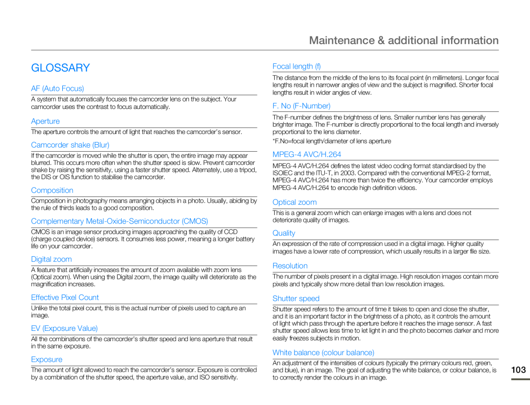 Samsung HMX-F80BP/XER manual Glossary, Maintenance & additional information, AF Auto Focus, Aperture, Camcorder shake Blur 