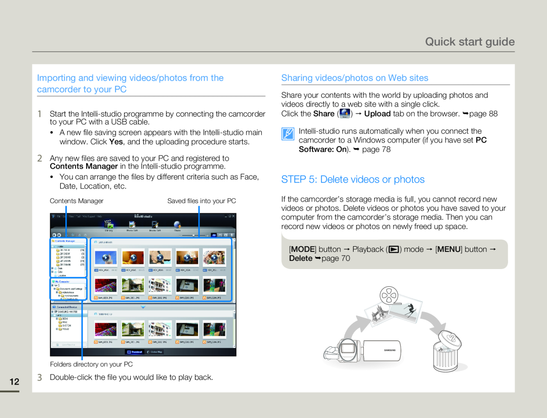 Samsung HMX-F80BP/EDC, HMX-F800BP/EDC manual Quick start guide, Delete videos or photos, Sharing videos/photos on Web sites 