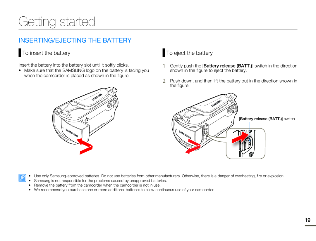 Samsung HMX-F80SP/MEA manual Getting started, Inserting/Ejecting The Battery, To insert the battery, To eject the battery 