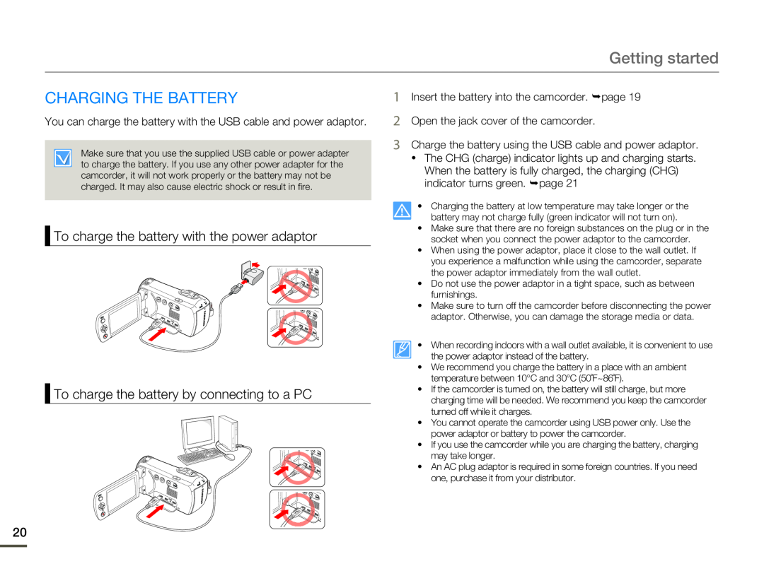 Samsung HMX-F80BP/HAC, HMX-F800BP/EDC Getting started, Charging The Battery, To charge the battery with the power adaptor 