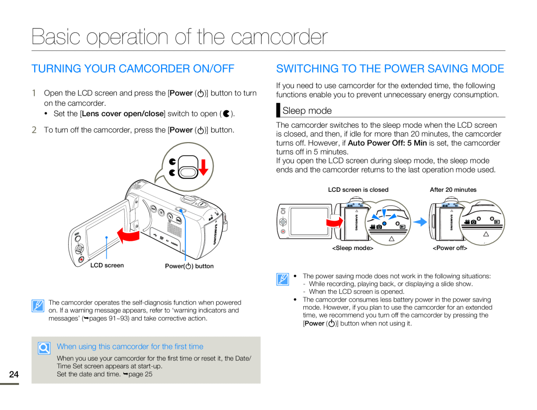 Samsung HMX-F80BP/MEA Basic operation of the camcorder, Turning Your Camcorder On/Off, Switching To The Power Saving Mode 