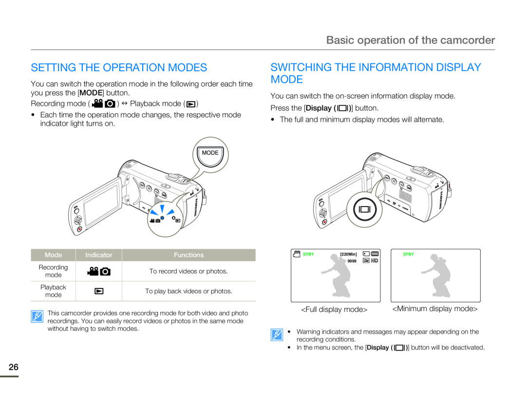 Samsung HMX-F80BP/XER, HMX-F800BP/EDC, HMX-F80BP/EDC Setting The Operation Modes, Switching The Information Display Mode 