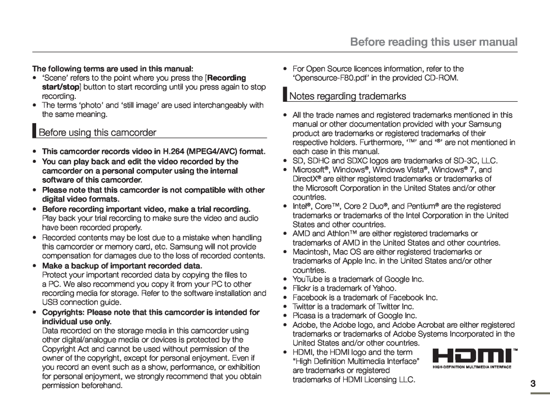 Samsung HMX-F80SP/EDC Before reading this user manual, Before using this camcorder, Notes regarding trademarks 