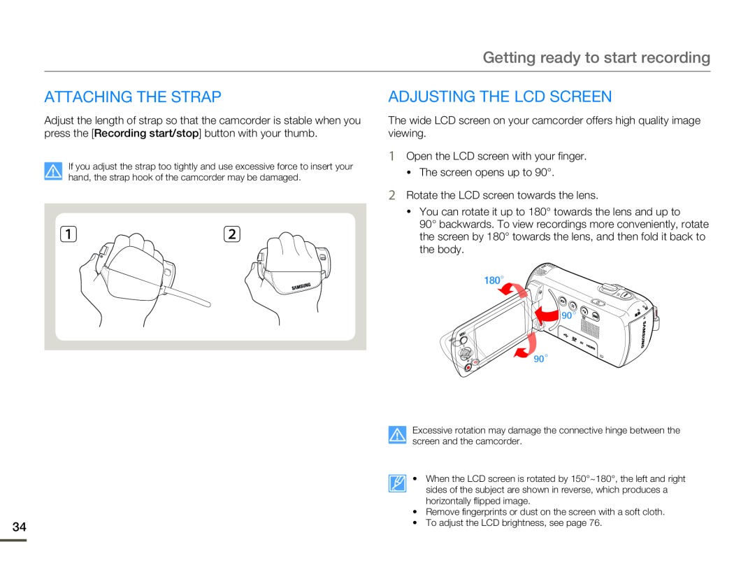 Samsung HMX-F80BP/EDC, HMX-F800BP/EDC manual Attaching The Strap, Adjusting The Lcd Screen, Getting ready to start recording 