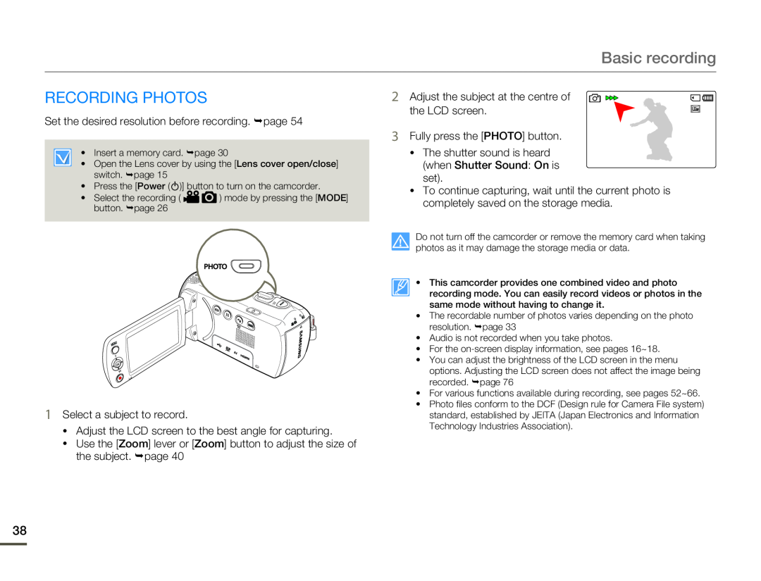 Samsung HMX-F80SP/AAW, HMX-F800BP/EDC, HMX-F80BP/EDC, HMX-F80BP/MEA, HMX-F80SP/EDC manual Recording Photos, Basic recording 