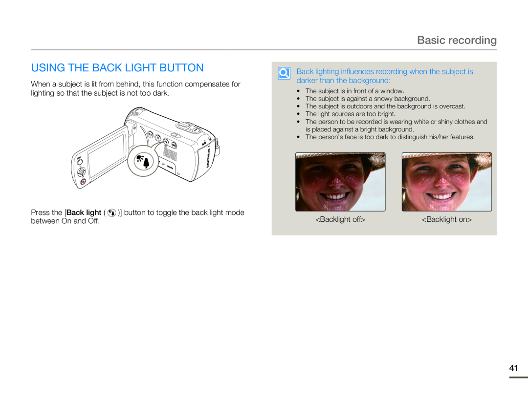 Samsung HMX-F80SP/MEA, HMX-F800BP/EDC, HMX-F80BP/EDC, HMX-F80BP/MEA manual Using The Back Light Button, Basic recording 