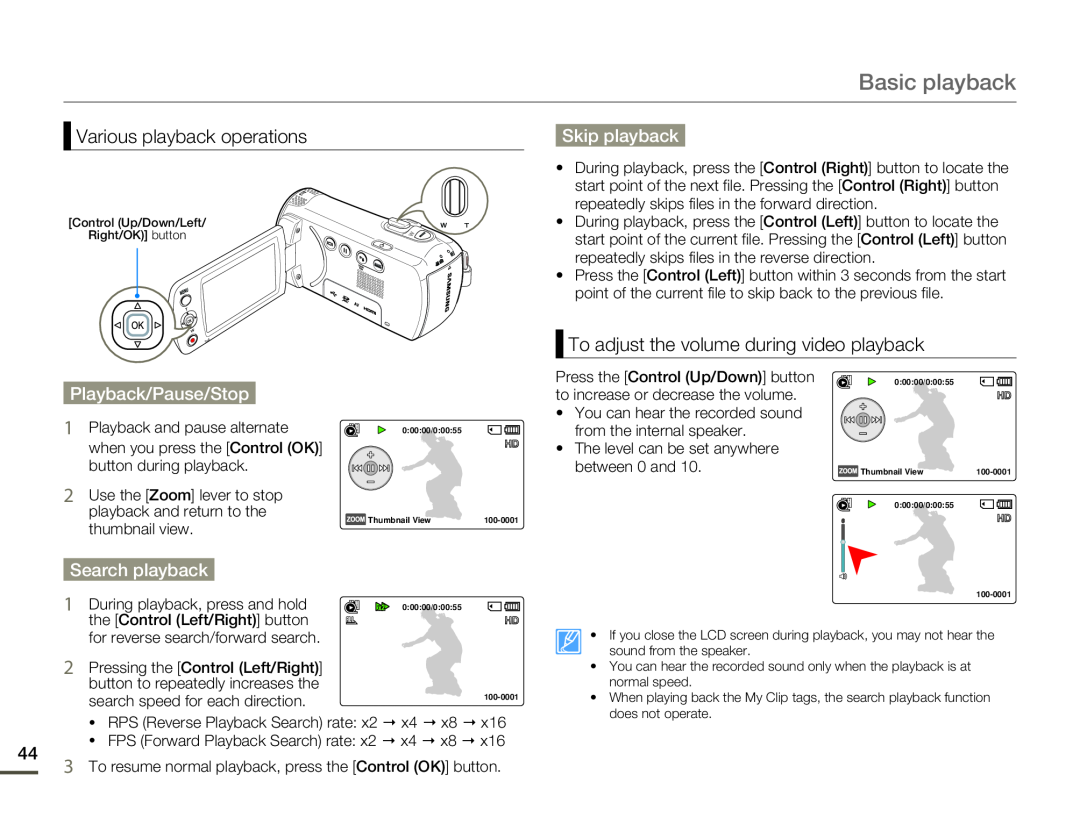 Samsung HMX-F800BP/EDC Basic playback, Various playback operations, Skip playback, Playback/Pause/Stop, Search playback 