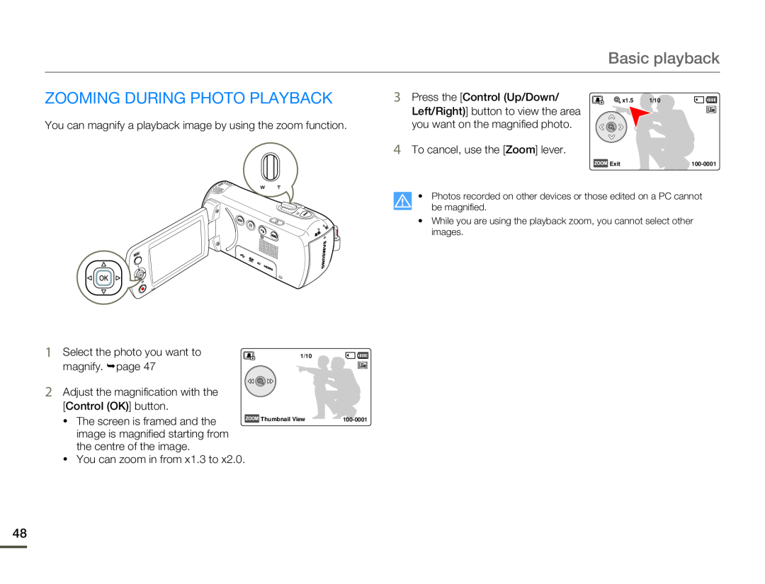 Samsung HMX-F80BP/XER, HMX-F800BP/EDC manual Zooming During Photo Playback, Basic playback, Press the Control Up/Down 