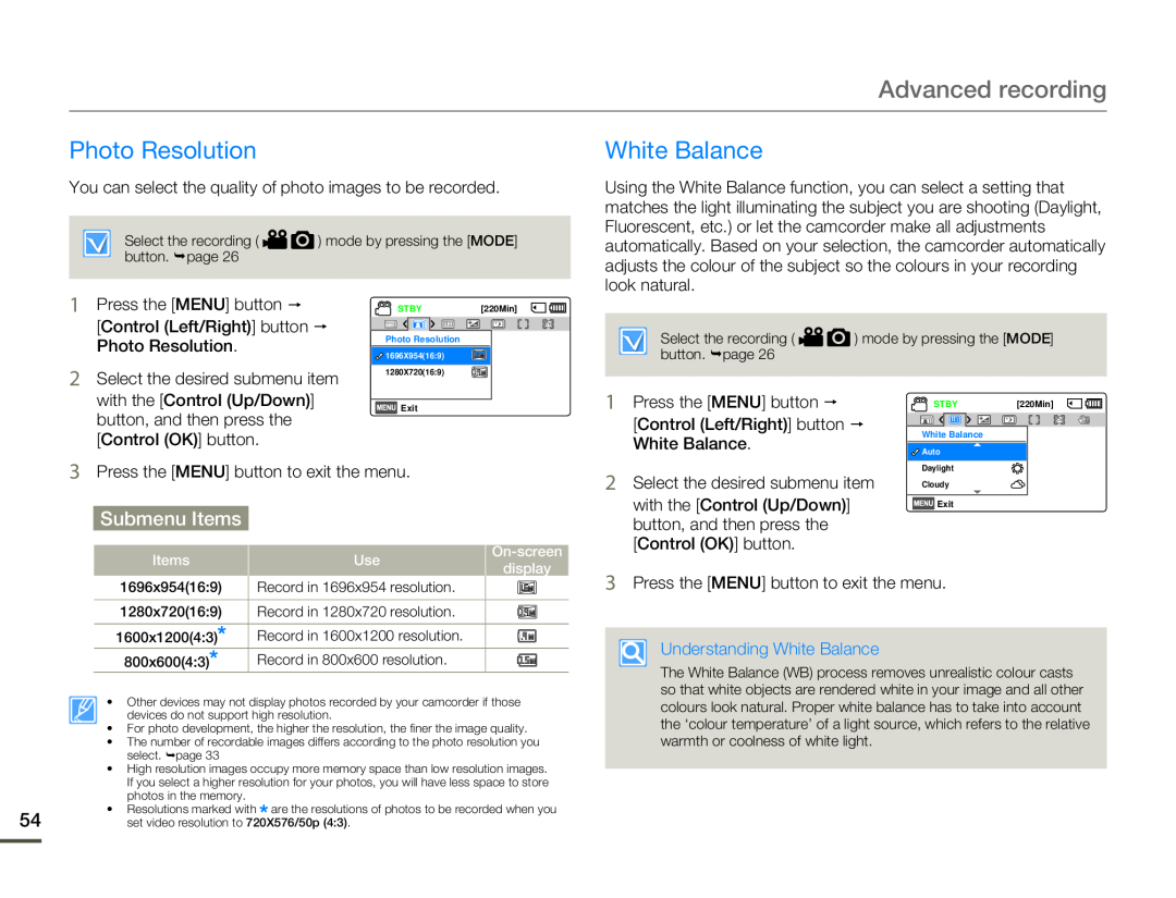 Samsung HMX-F80BP/XIL, HMX-F800BP/EDC Photo Resolution, Advanced recording, Submenu Items, Understanding White Balance 