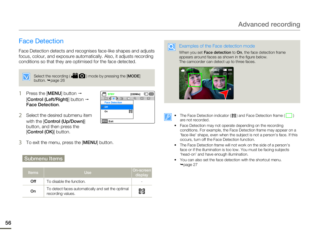 Samsung HMX-F80BP/EDC manual Face Detection, Advanced recording, Submenu Items, Examples of the Face detection mode 